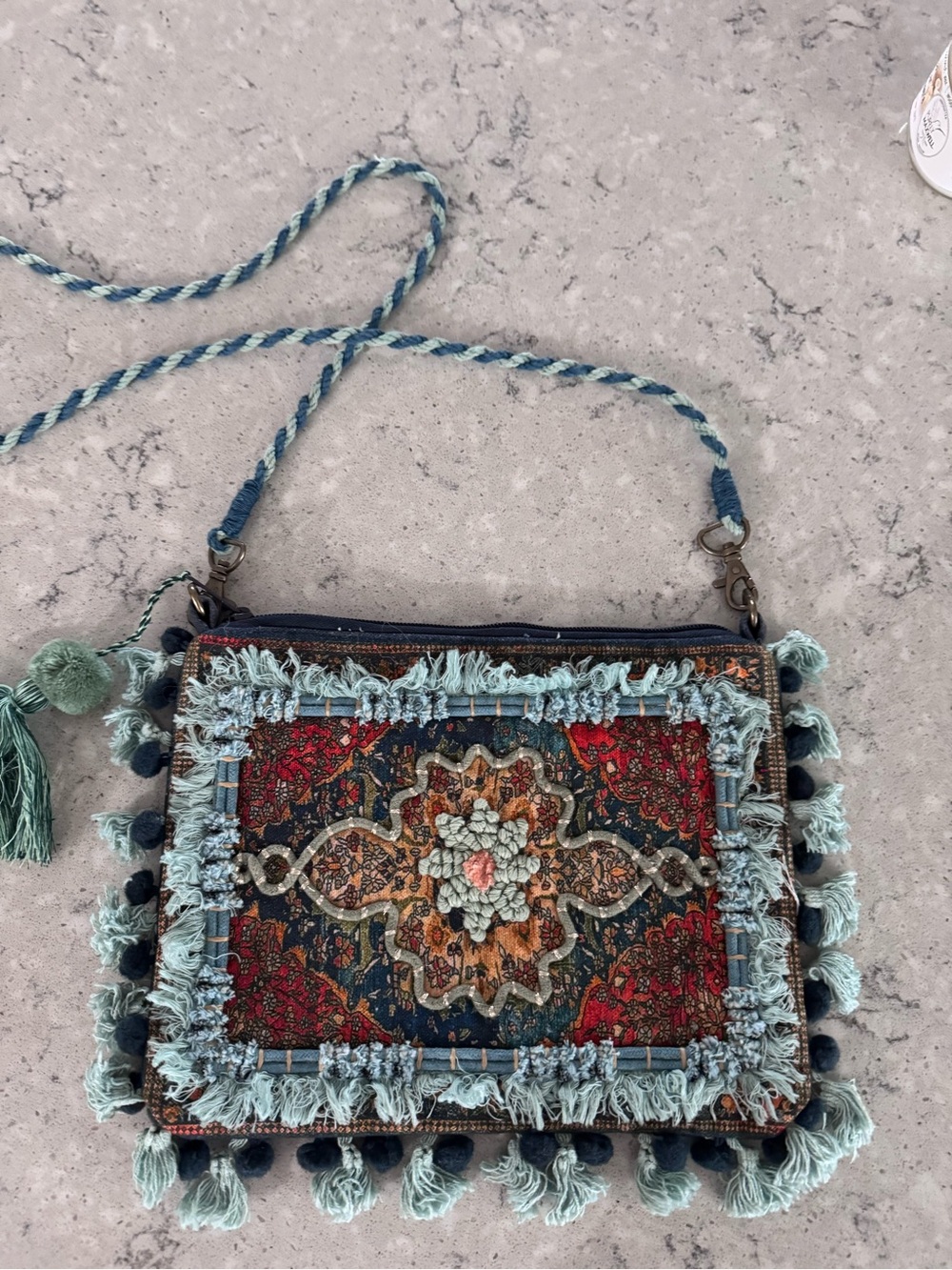 Boho Tassel Embroidered Crossbody Bag in Teal and Red